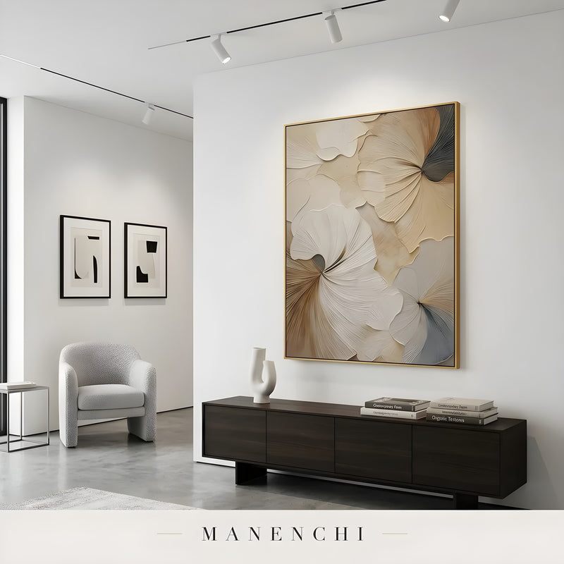 Porcelain Petal Swirl abstract painting displayed in modern art gallery room