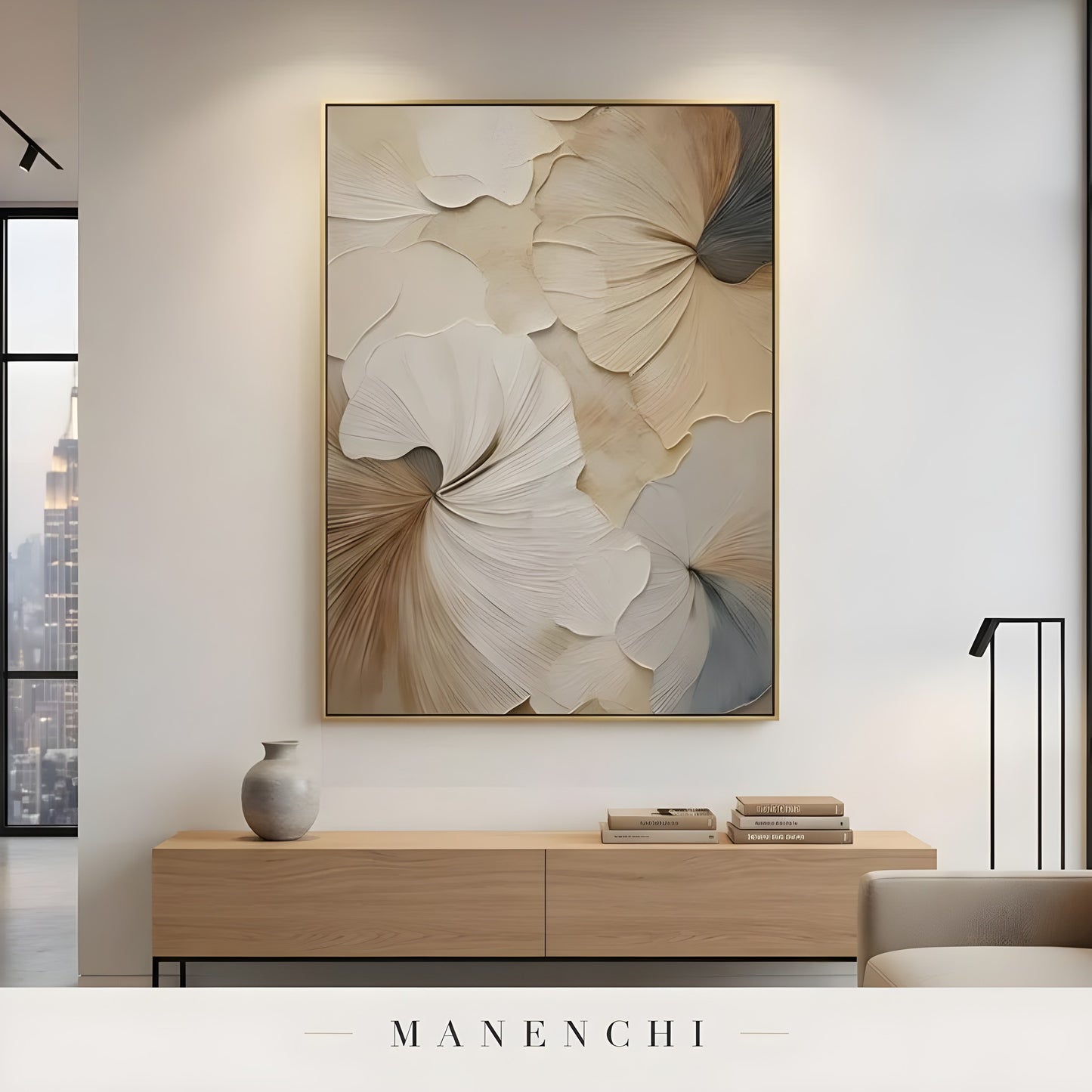 Porcelain Petal Swirl abstract painting displayed in neutral modern living room