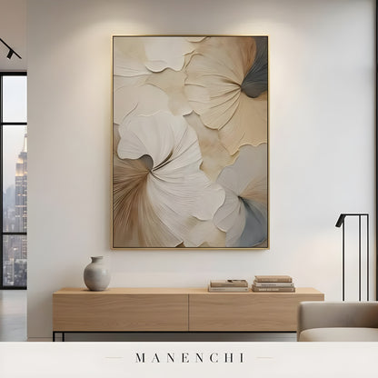 Porcelain Petal Swirl abstract painting displayed in neutral modern living room