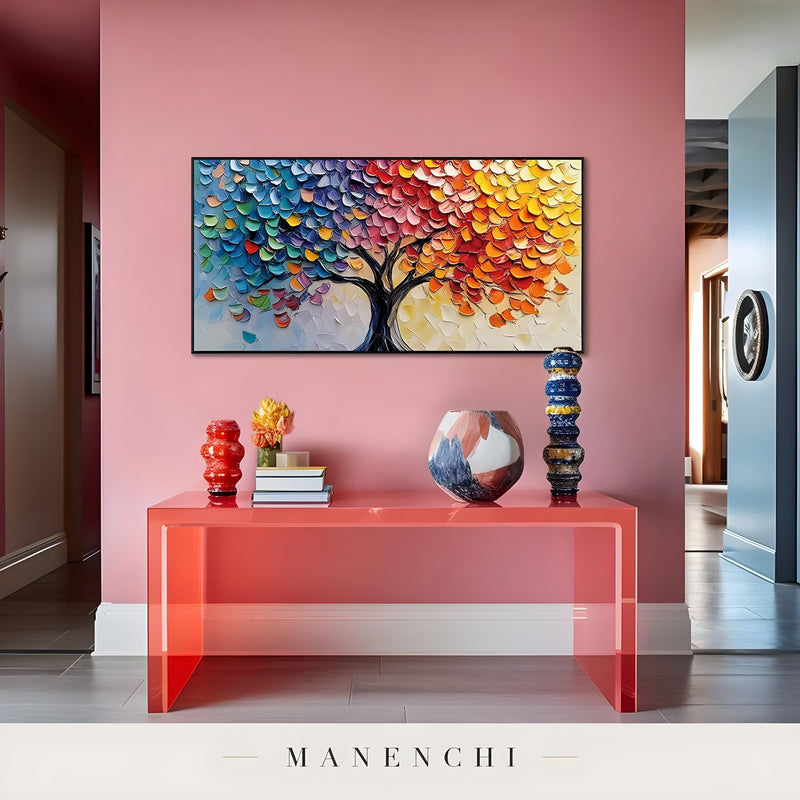 Prismatic Arboreal Cascade abstract painting displayed in hallway console display