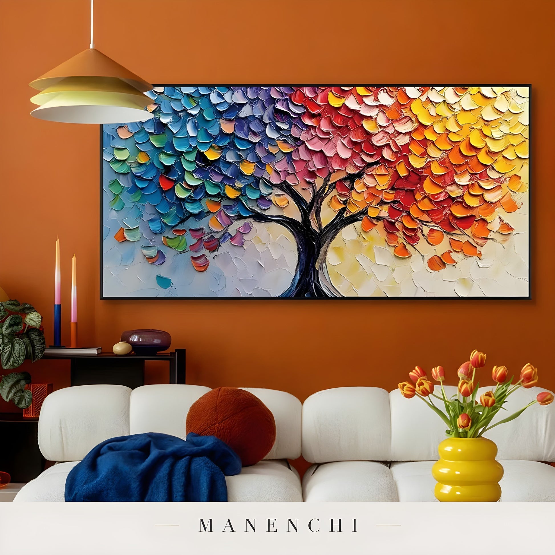 Prismatic Arboreal Cascade abstract painting displayed in living room decor
