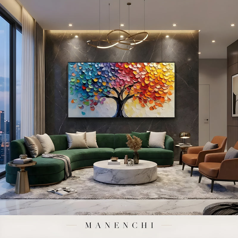 Prismatic Arboreal Cascade abstract painting displayed in luxury living room interior