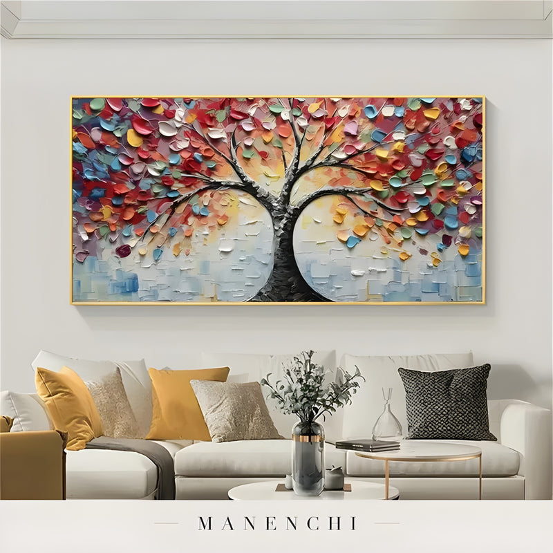 Prismatic Arboreal Radiance abstract painting displayed in living room sofa display