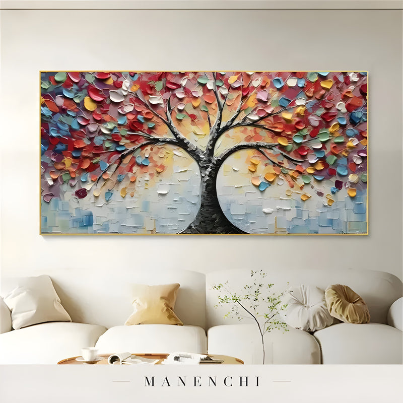 Prismatic Arboreal Radiance abstract painting displayed in living room white sofa