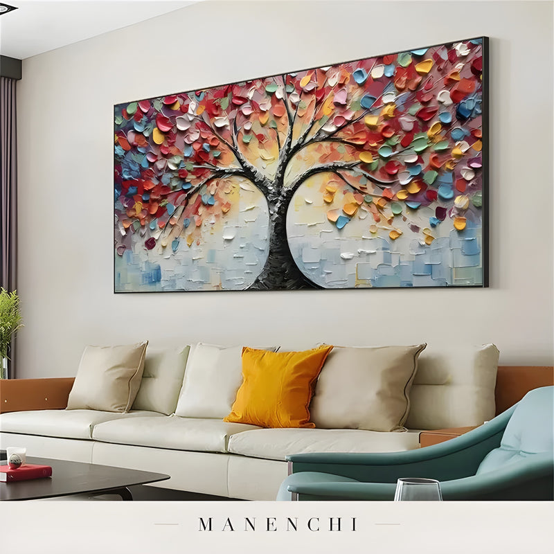 Prismatic Arboreal Radiance abstract painting displayed in modern living room interior