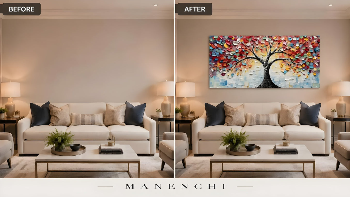 Prismatic Arboreal Radiance original hand-painted abstract painting, before and after in a styled room