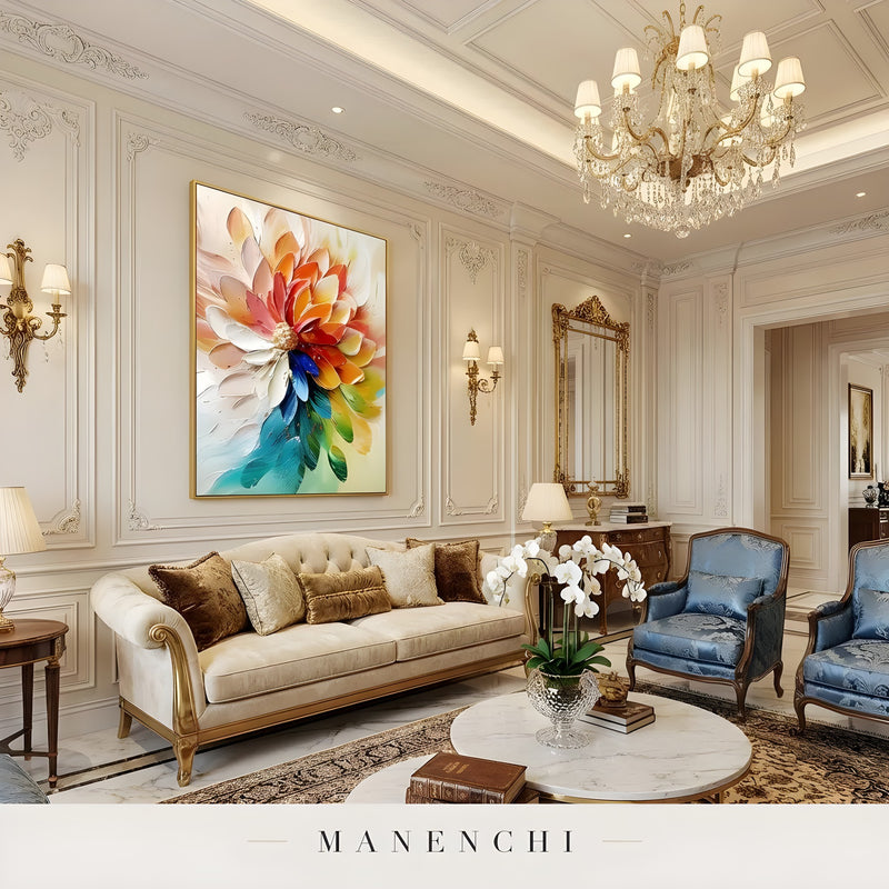 Prismatic Bloom Radiance abstract painting displayed in classic living room display
