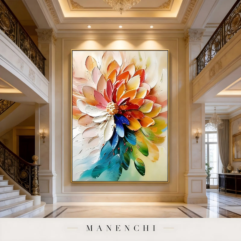 Prismatic Bloom Radiance abstract painting displayed in grand foyer wall art