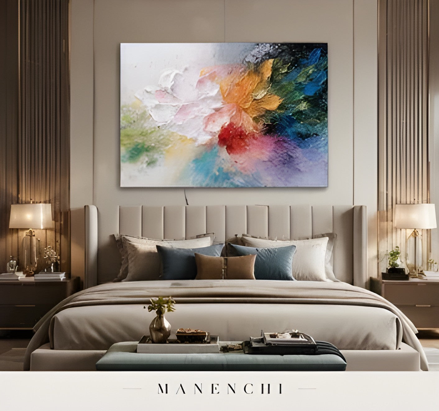 Prismatic Botanical Rhapsody abstract painting displayed in bedroom interior decor