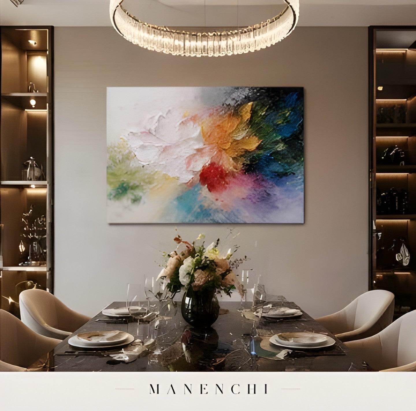 Prismatic Botanical Rhapsody abstract painting displayed in dining room interior
