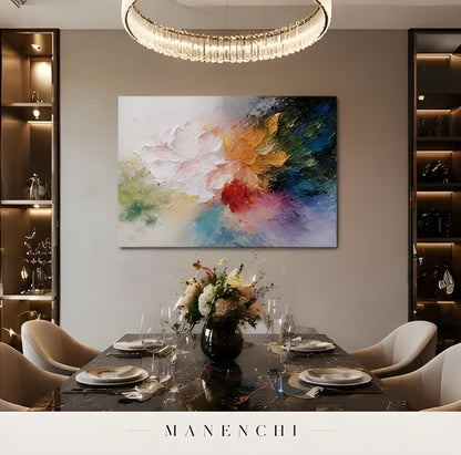 Prismatic Botanical Rhapsody abstract painting displayed in dining room interior