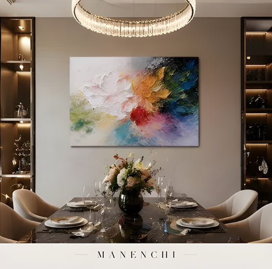 Prismatic Botanical Rhapsody abstract painting displayed in dining room interior
