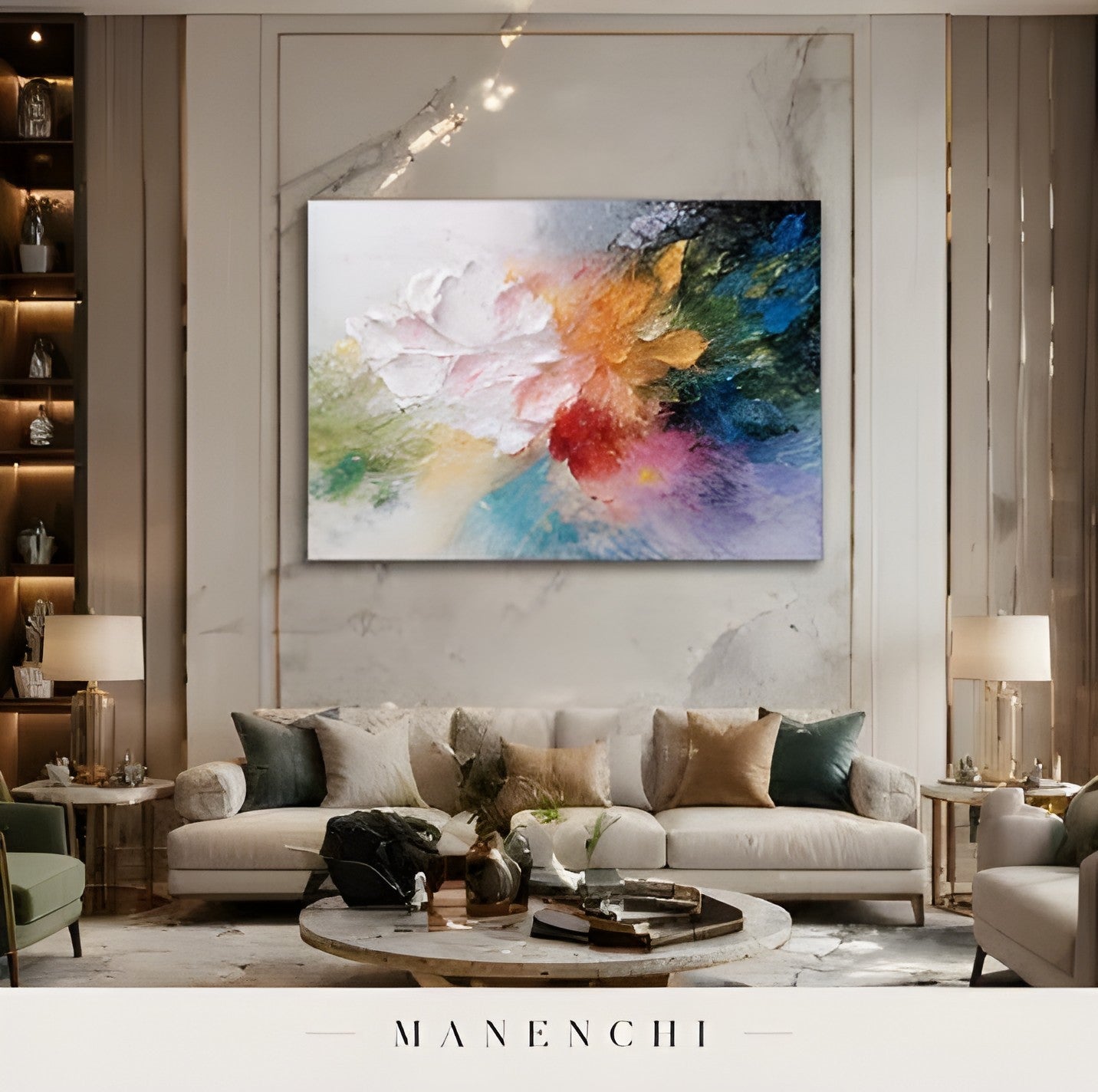 Prismatic Botanical Rhapsody abstract painting displayed in living room sofa display