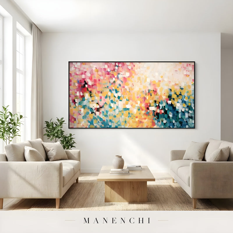 Prismatic Meadow Radiance abstract painting displayed in bright airy living room