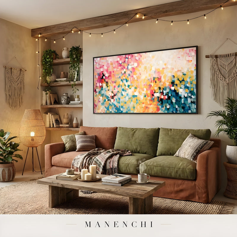 Prismatic Meadow Radiance abstract painting displayed in cozy boho living room