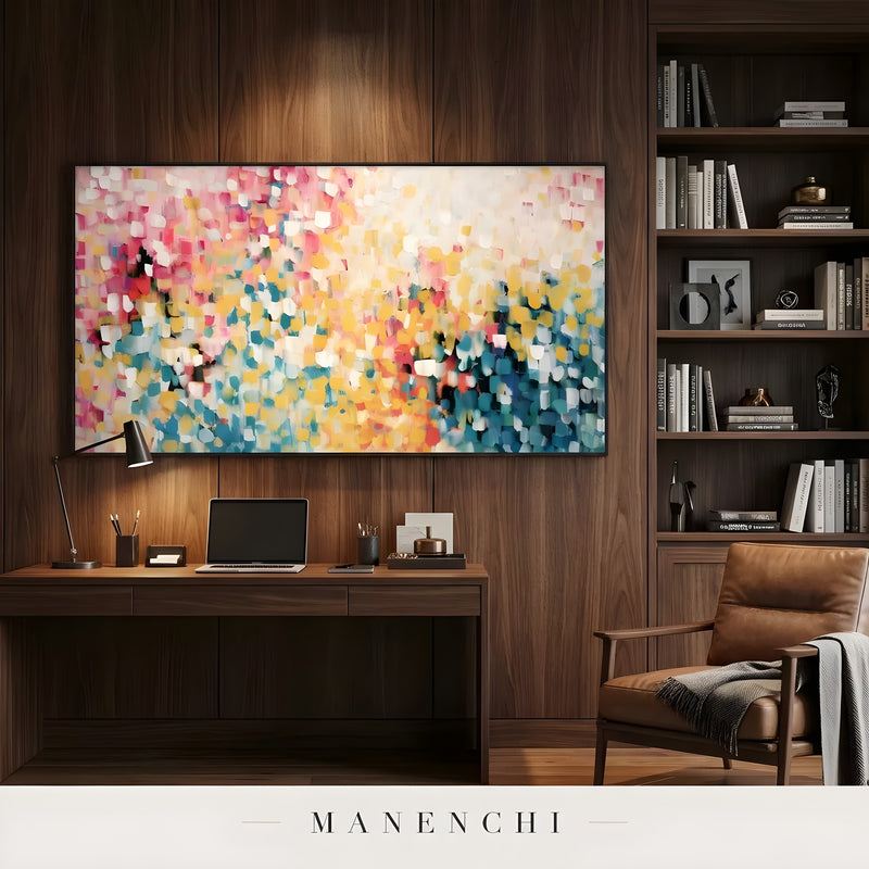 Prismatic Meadow Radiance abstract painting displayed in dark wood home office