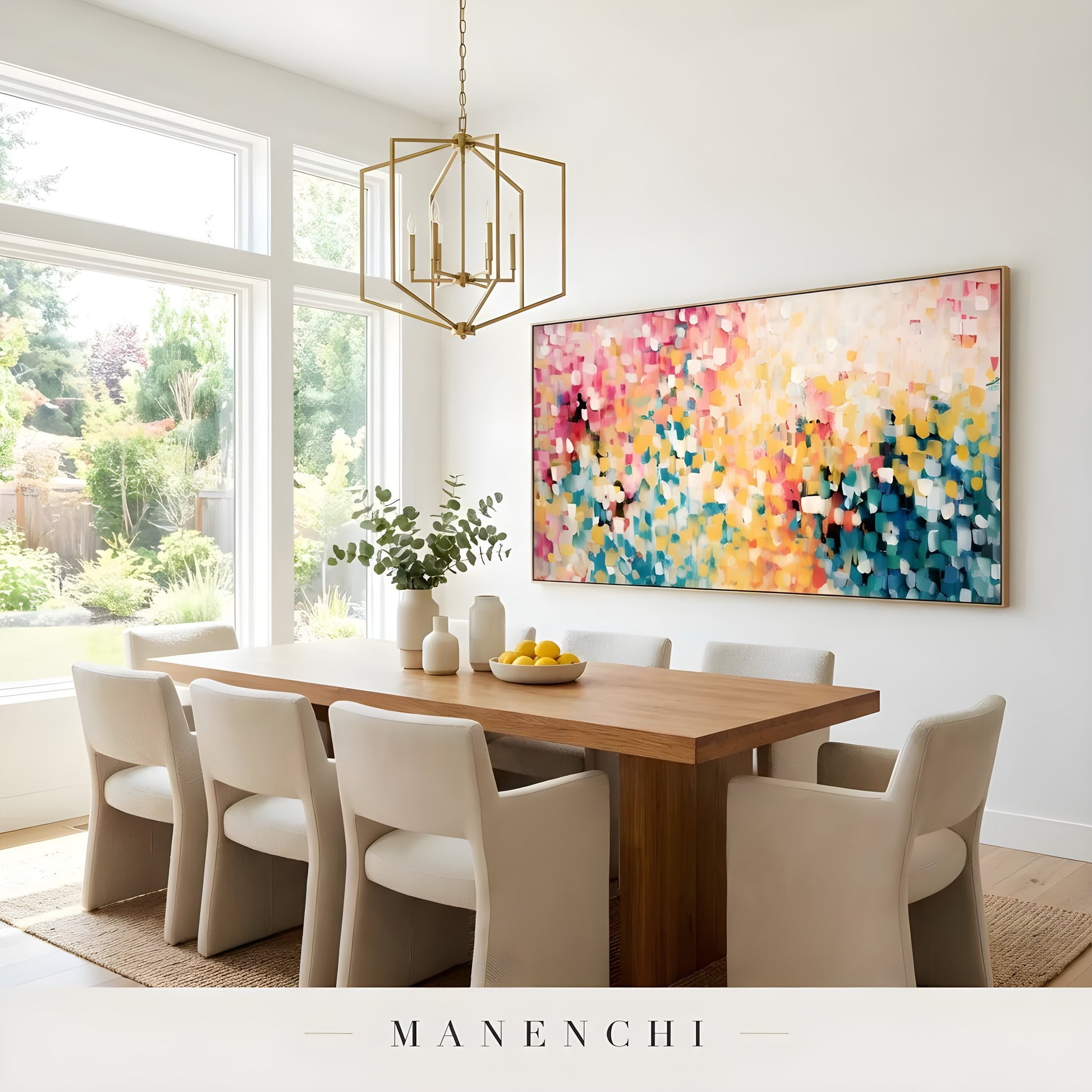 Prismatic Meadow Radiance abstract painting displayed in elegant dining room