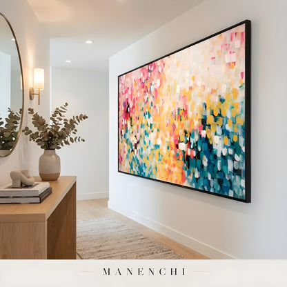 Prismatic Meadow Radiance abstract painting displayed in minimalist white hallway