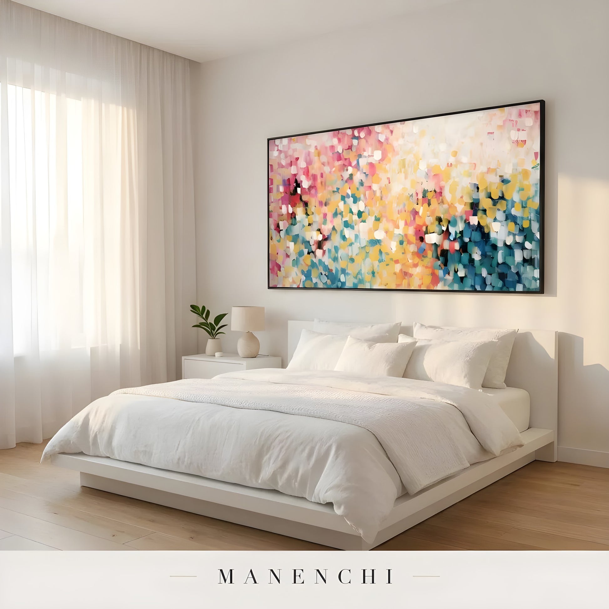 Prismatic Meadow Radiance abstract painting displayed in serene minimalist bedroom