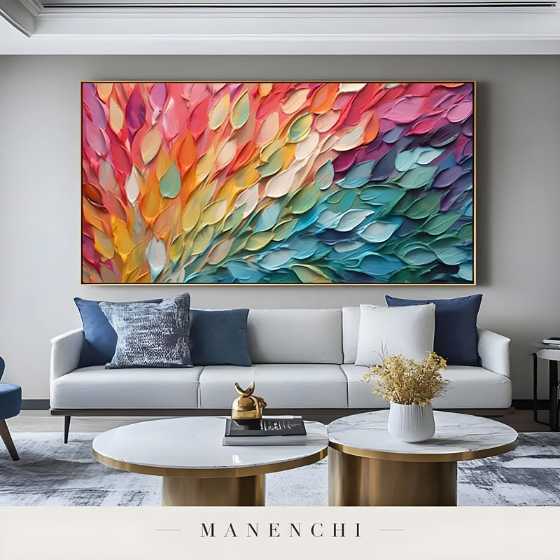 Prismatic Petal Explosion abstract painting displayed in gold framed living room art