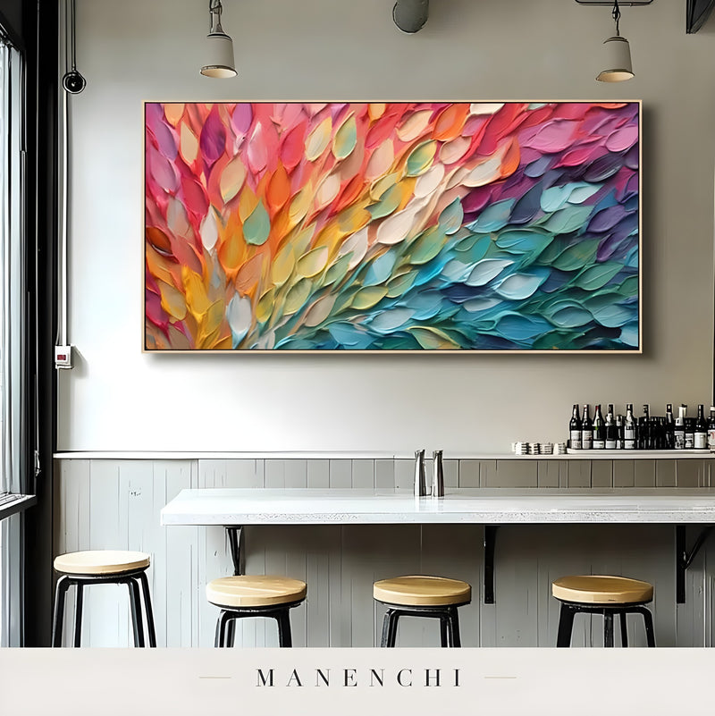 Prismatic Petal Explosion abstract painting displayed in modern bar seating area