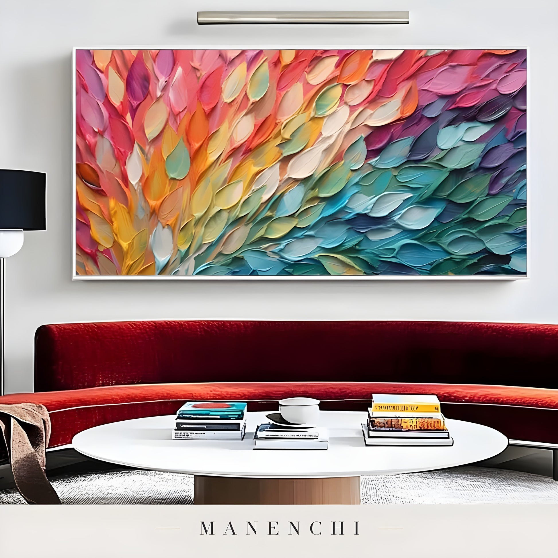 Prismatic Petal Explosion abstract painting displayed in modern curved red sofa
