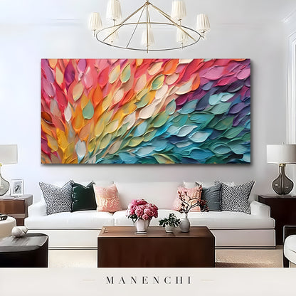 Prismatic Petal Explosion abstract painting displayed in white living room decor