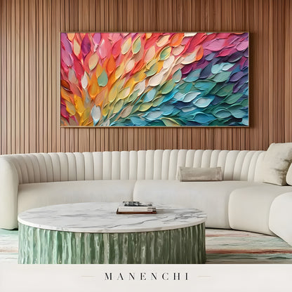 Prismatic Petal Explosion abstract painting displayed in white sofa wood wall background