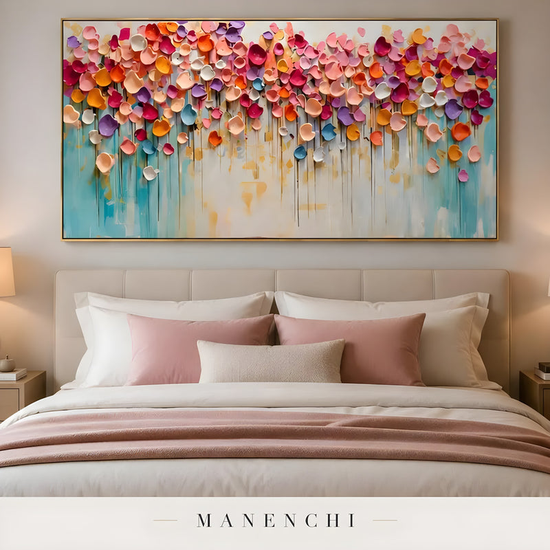 Prismatic Petal Rhapsody abstract painting displayed in bedroom bed decor