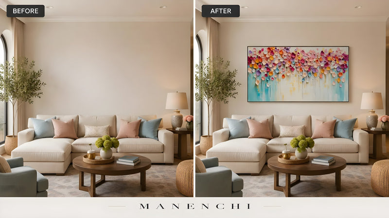 Prismatic Petal Rhapsody original hand-painted abstract painting, before and after in a styled room
