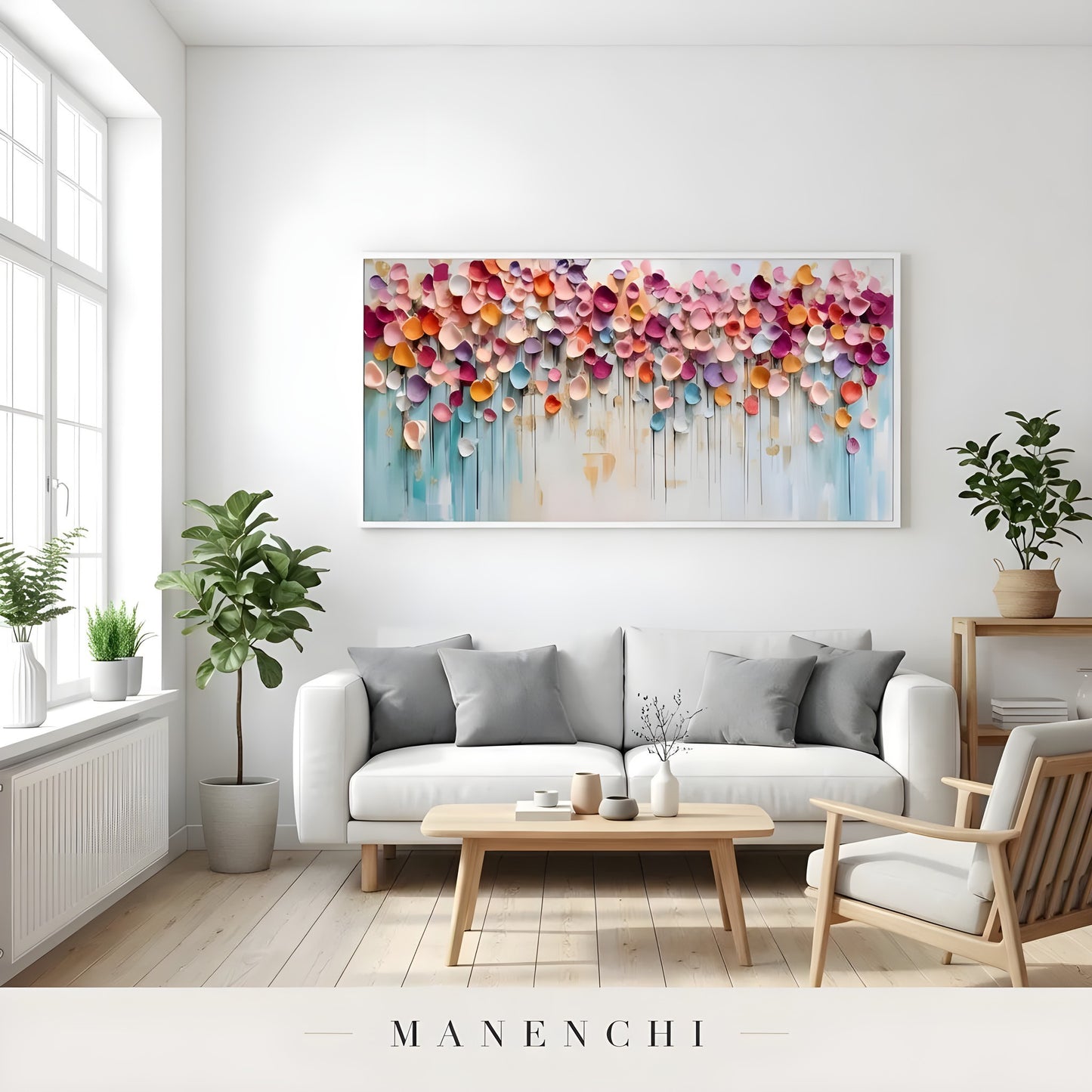 Prismatic Petal Rhapsody abstract painting displayed in bright living room