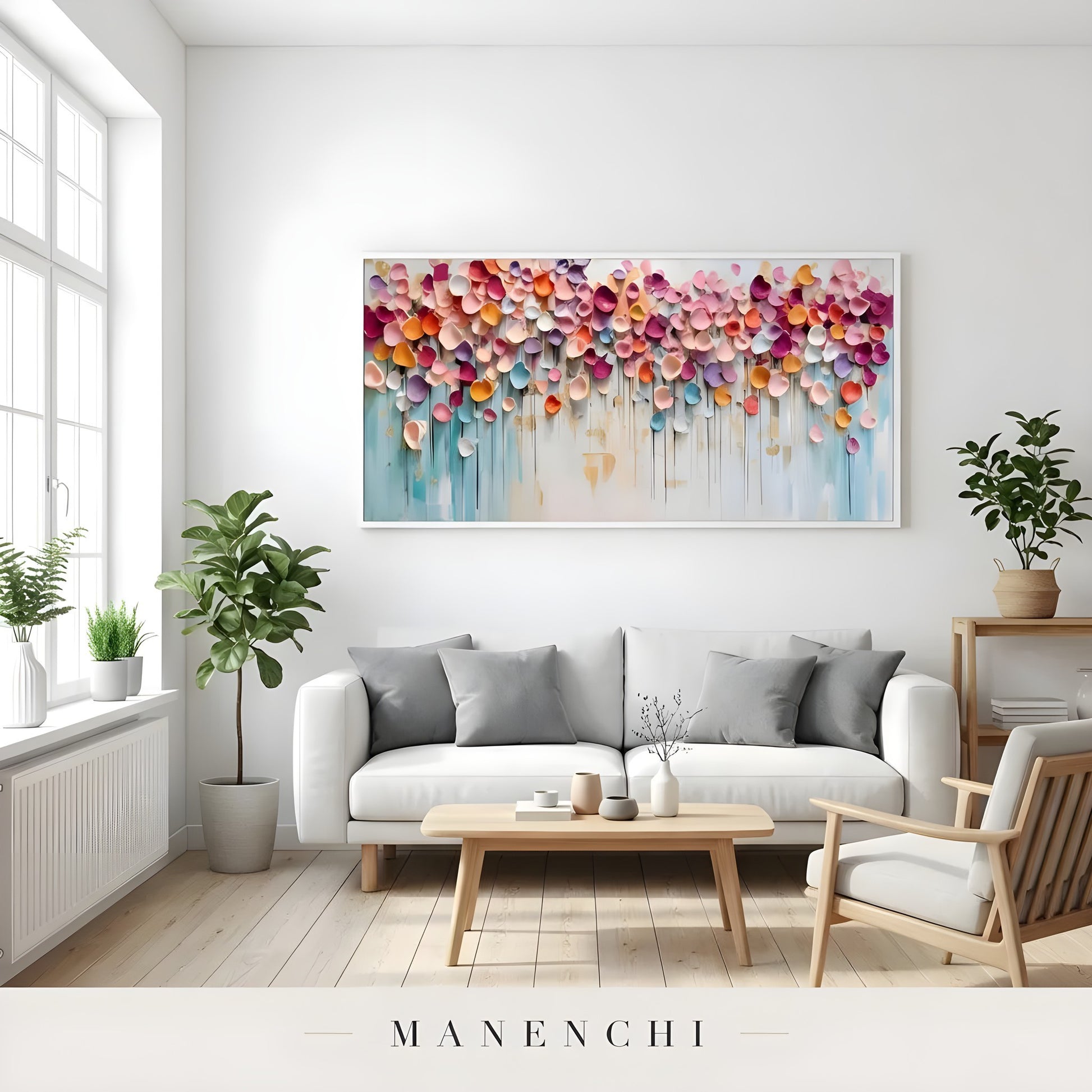 Prismatic Petal Rhapsody abstract painting displayed in bright living room
