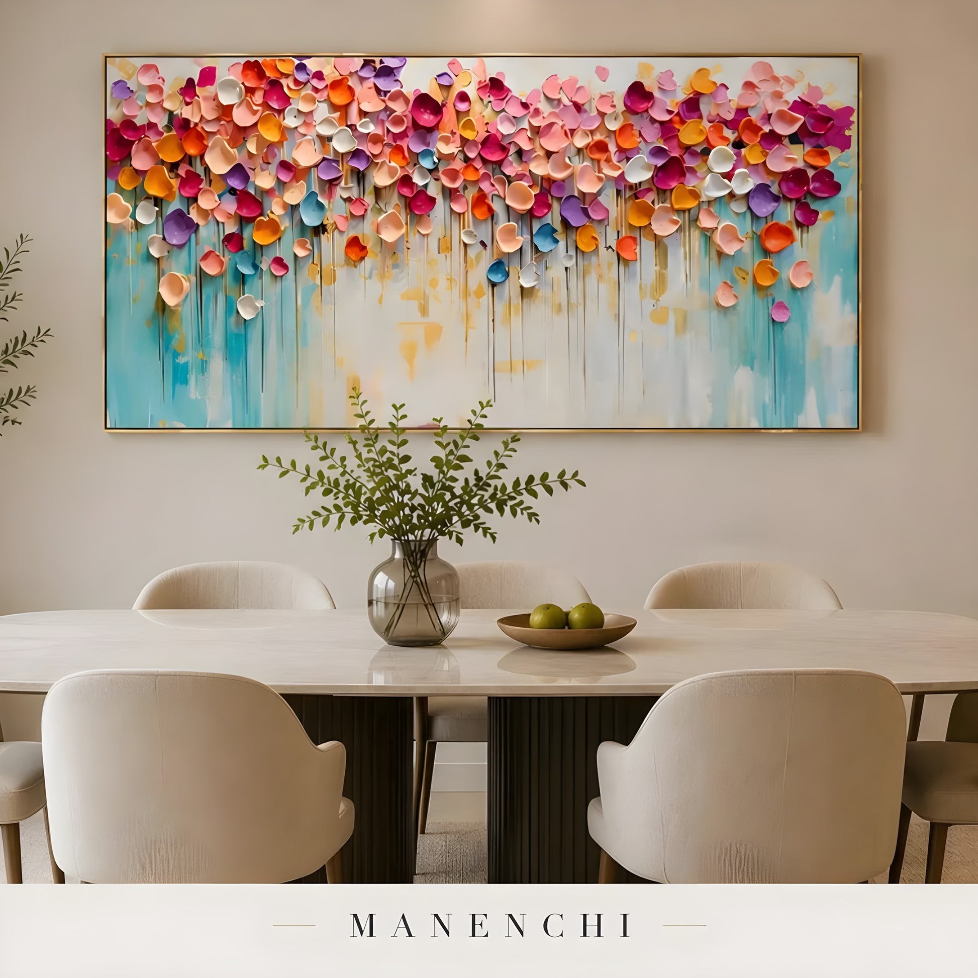 Prismatic Petal Rhapsody abstract painting displayed in dining room table