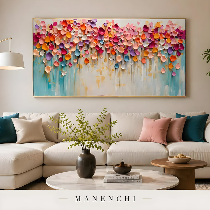 Prismatic Petal Rhapsody abstract painting displayed in living room sofa