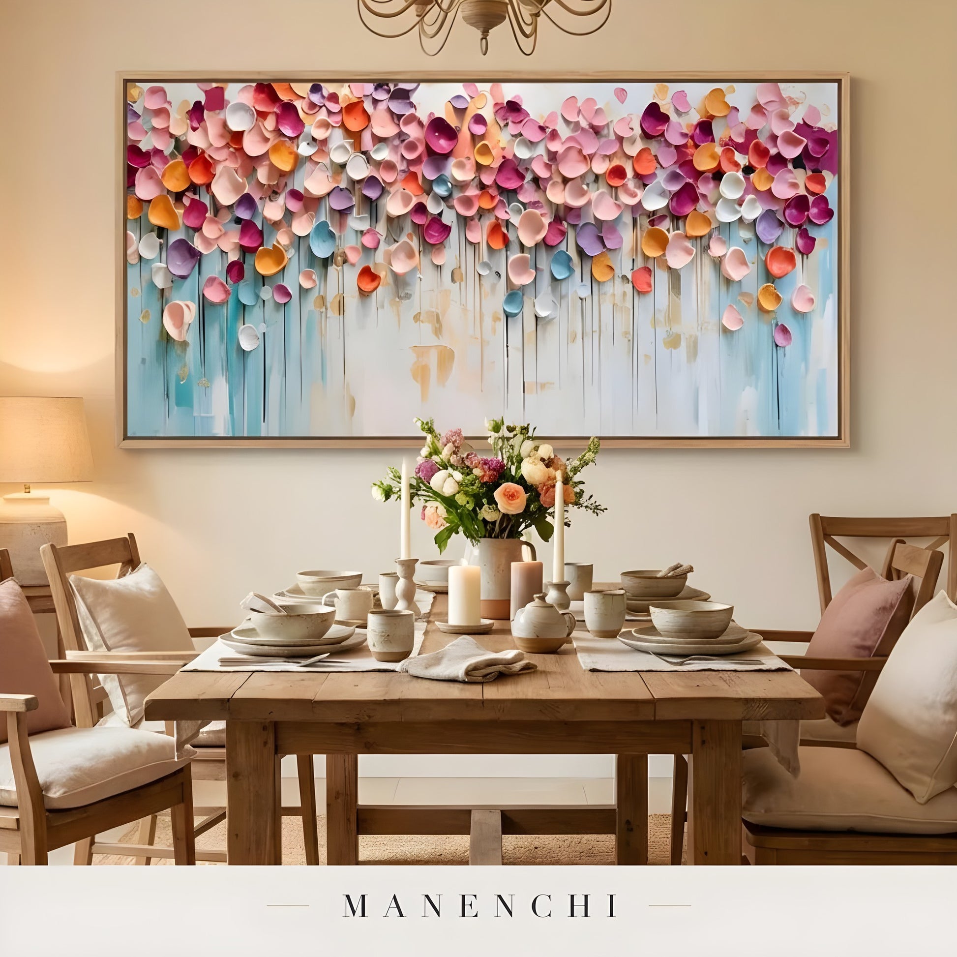 Prismatic Petal Rhapsody abstract painting displayed in rustic dining room table