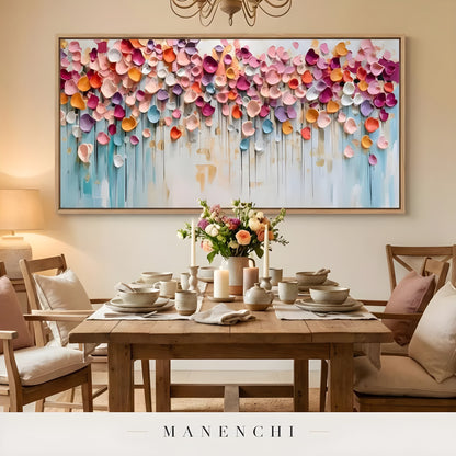 Prismatic Petal Rhapsody abstract painting displayed in rustic dining room table