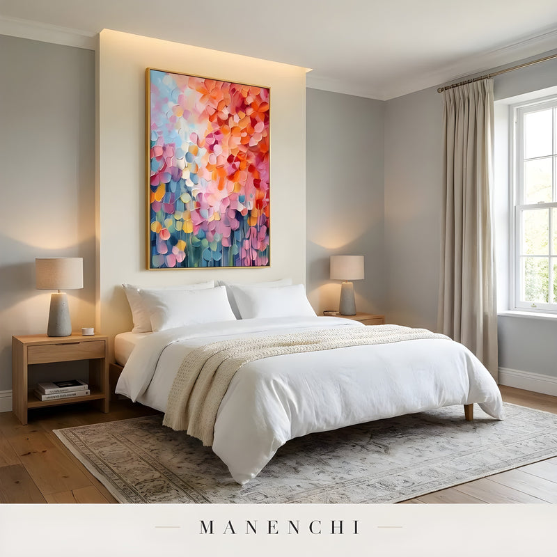 Prismatic Petal Solstice abstract painting displayed in bedroom interior design