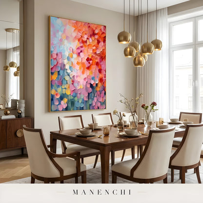 Prismatic Petal Solstice abstract painting displayed in dining room wall decor