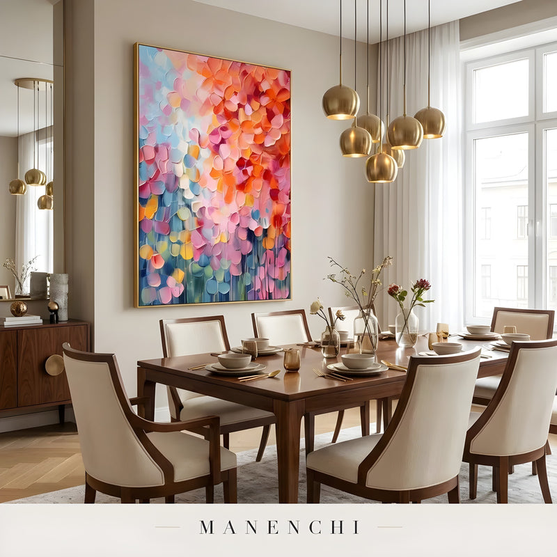 Prismatic Petal Solstice abstract painting displayed in dining room wall decor