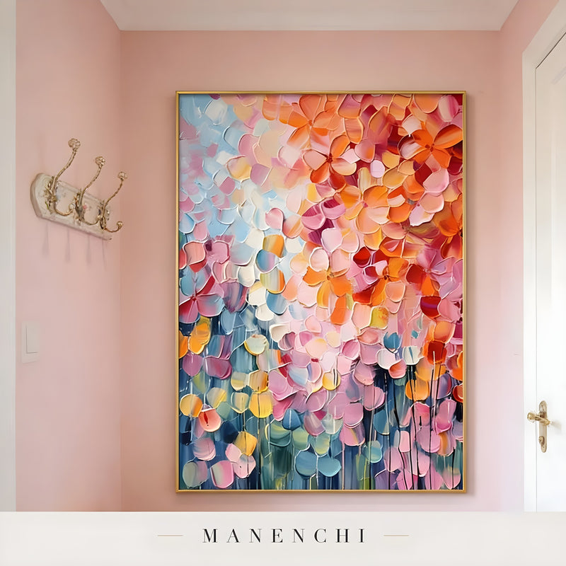 Prismatic Petal Solstice abstract painting displayed in hallway gallery wall