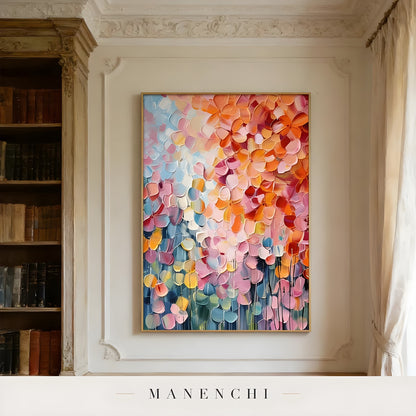 Prismatic Petal Solstice abstract painting displayed in painting in library