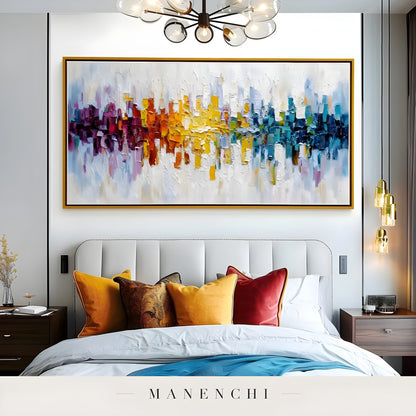 Prismatic Spectrum Resonance abstract painting displayed in bedroom with painting
