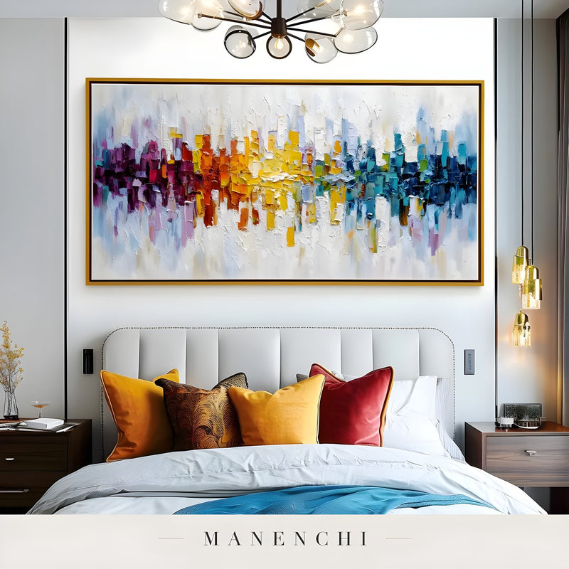 Prismatic Spectrum Resonance abstract painting displayed in bedroom with painting