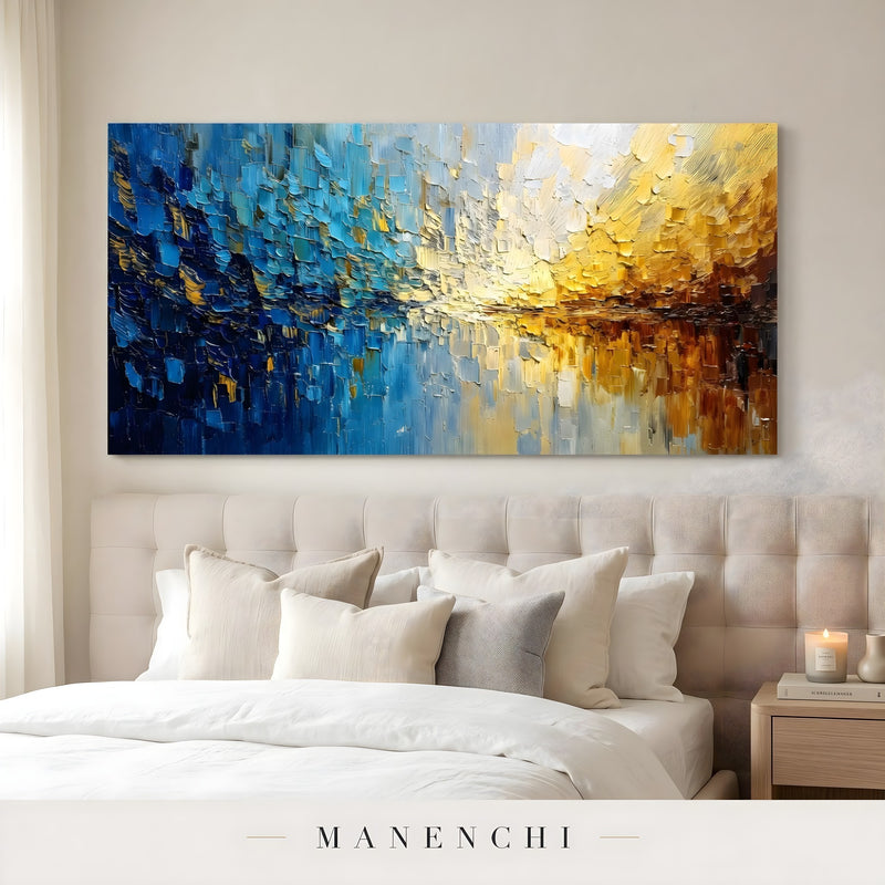 Prismatic Tidal Convergence abstract painting displayed in bedroom wall art