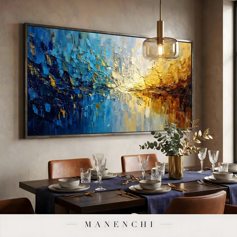 Prismatic Tidal Convergence abstract painting displayed in dining room interior