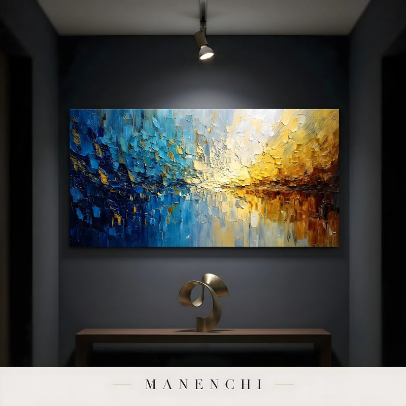 Prismatic Tidal Convergence abstract painting displayed in hallway accent lighting