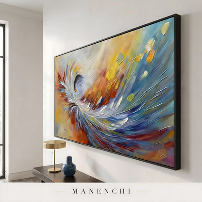 Prismatic Velocity Swirl abstract painting displayed in angled side view