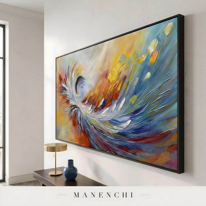 Prismatic Velocity Swirl abstract painting displayed in angled side view