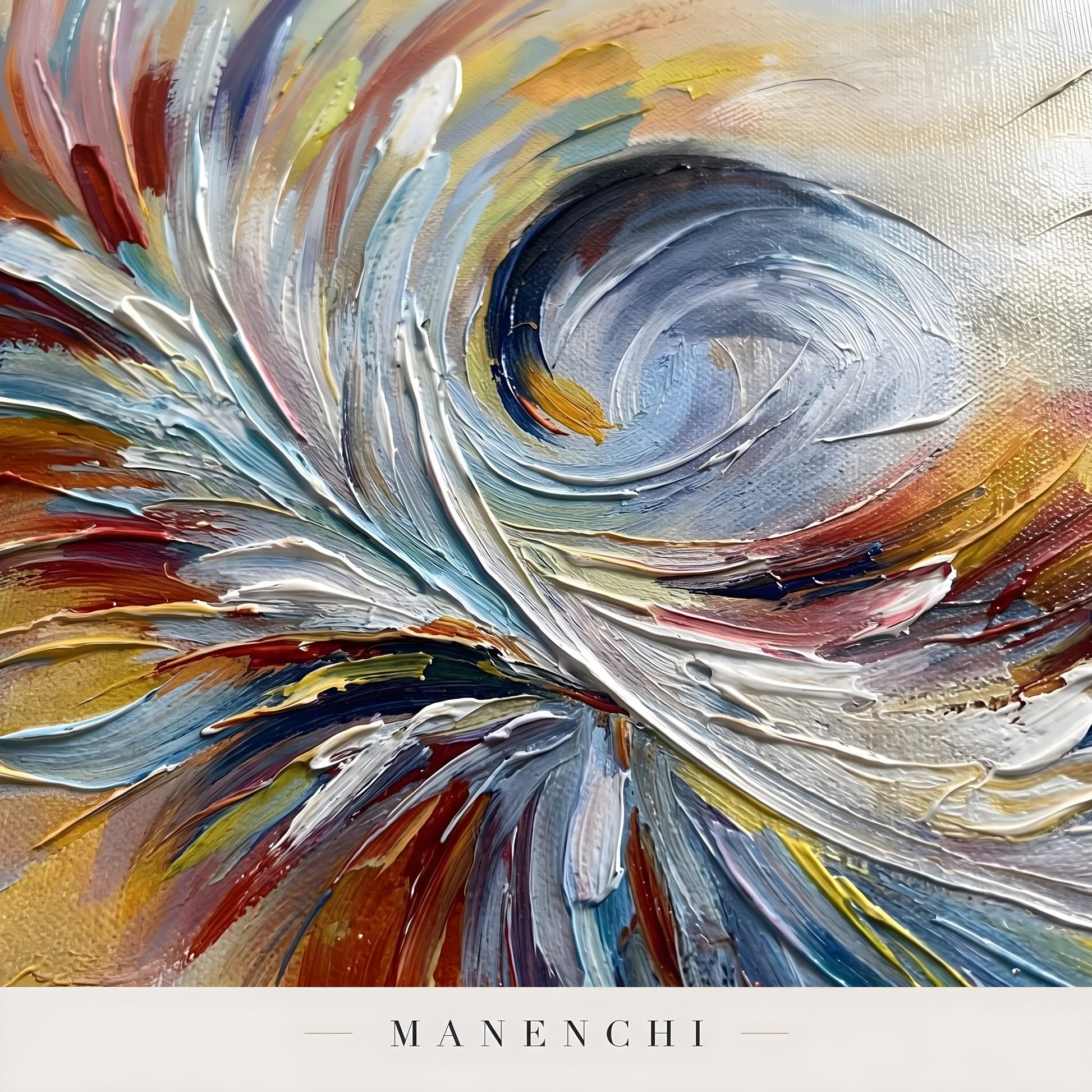 Close-up detail of the textured brushwork in Prismatic Velocity Swirl