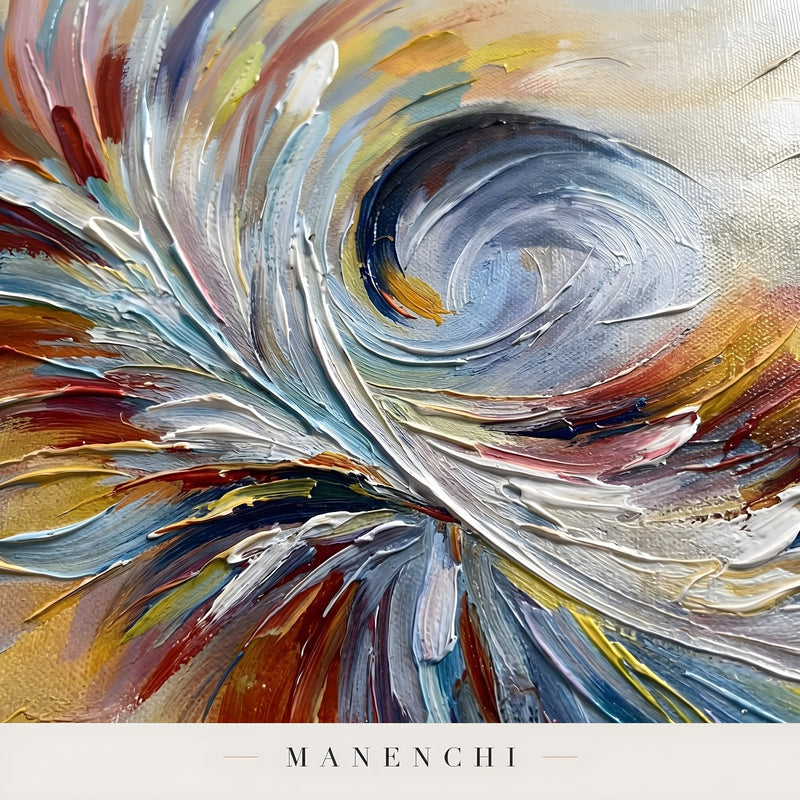 Close-up detail of the textured brushwork in Prismatic Velocity Swirl